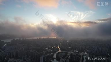 城市清晨云雾缭绕日出温州航拍